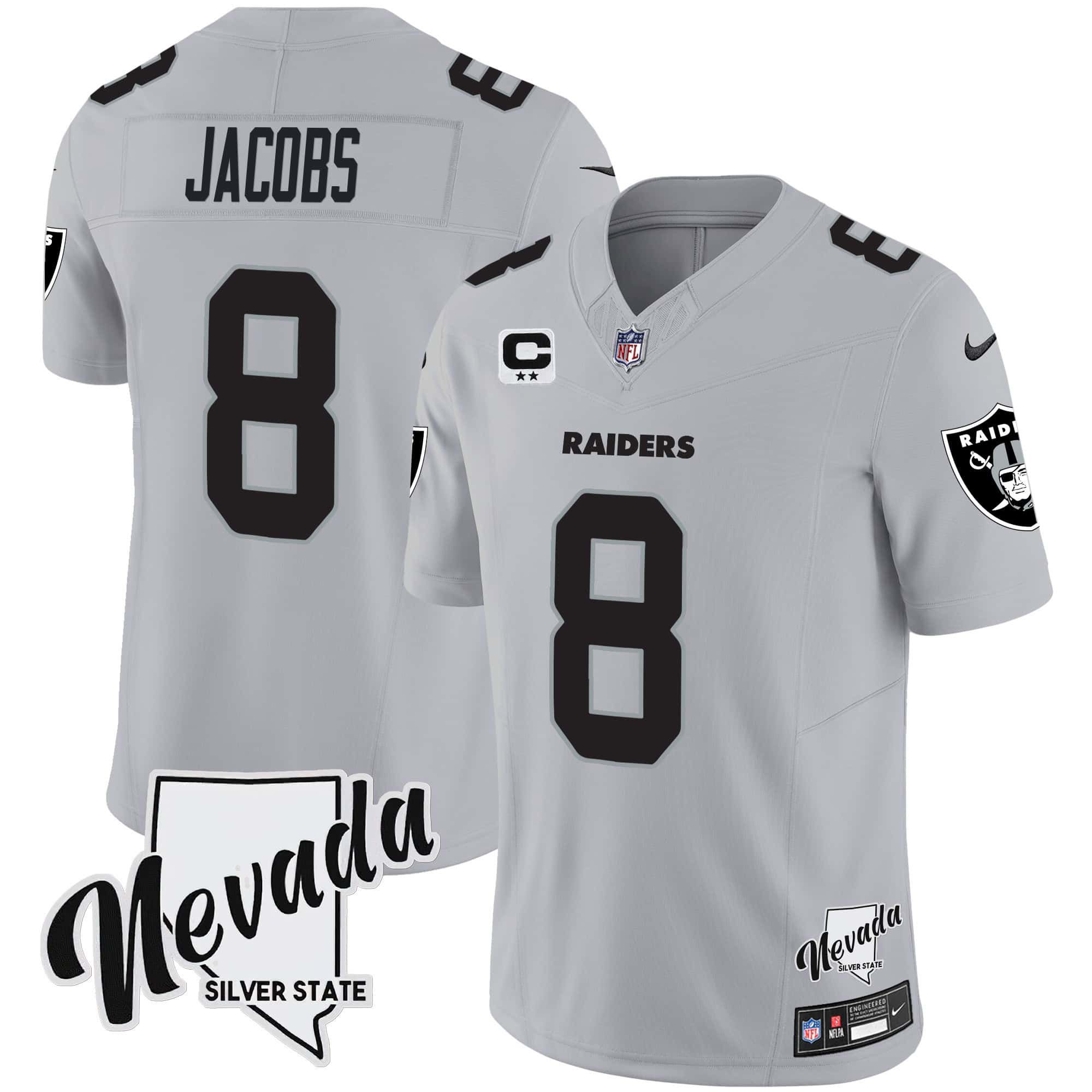 Men Oakland Raiders 8 Jacobs Grey 2024 Nike Nevada Silver State Patch Vapor NFL Jersey